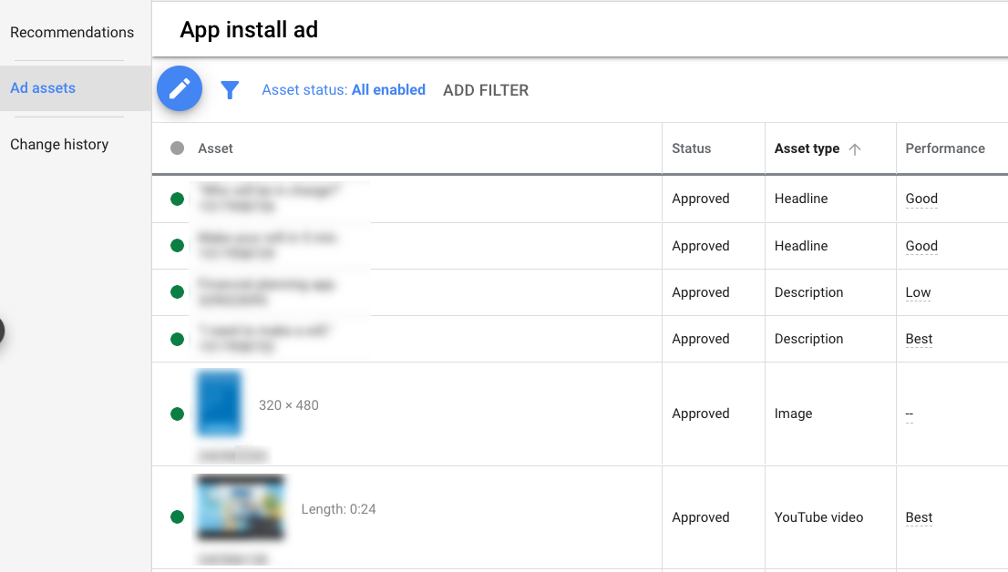 capture d'écran de l'application google ads app