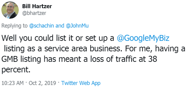 Screenshot of a tweet by Bill Hartzer, explaining why making a national site appear local is not a good idea.