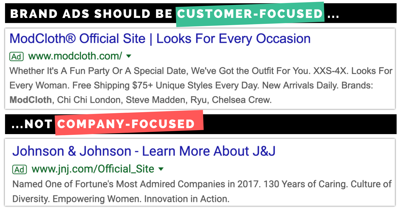 screen shots of customer-focused and company-focused ads