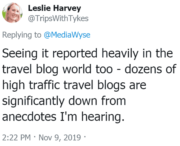 Screenshot of a tweet by Trips with Tykes about travel blogs and Google's November 2019 update