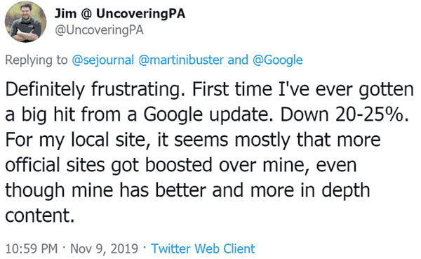 tweet by publisher frustrated by Google's November 2019 algorithm update