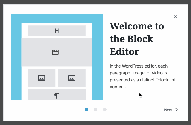 New WordPress Gutenberg Welcome UI