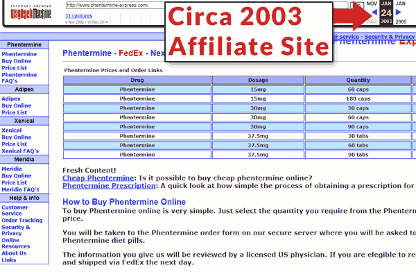 Capture d'écran d'un laid site affilié vers 2003