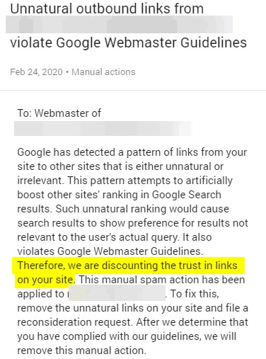 Screenshot of an outbound links manual action email sent by google