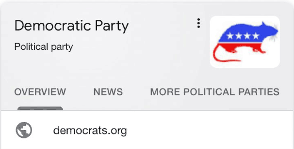 Google民主党知识面板的屏幕截图，其中以老鼠的形象代替驴子作为象征