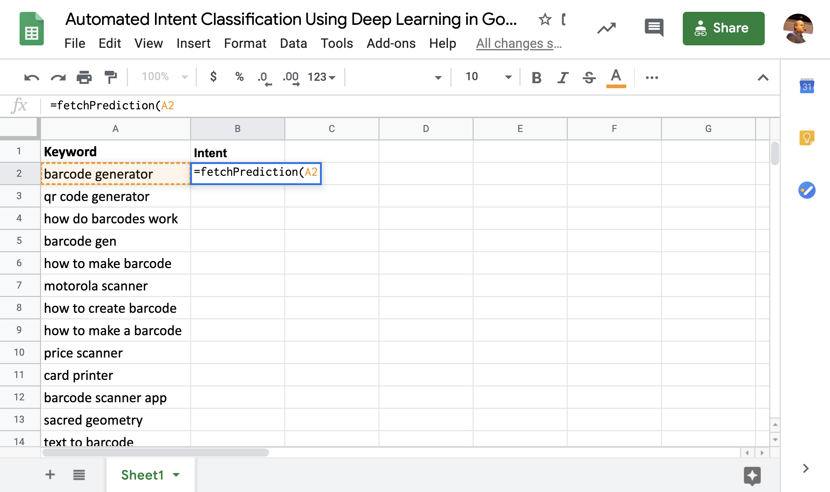 Classification automatisée des intentions à l'aide du Deep Learning dans Google Sheets