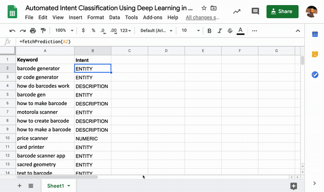Classification automatisée des intentions à l'aide du Deep Learning dans Google Sheets
