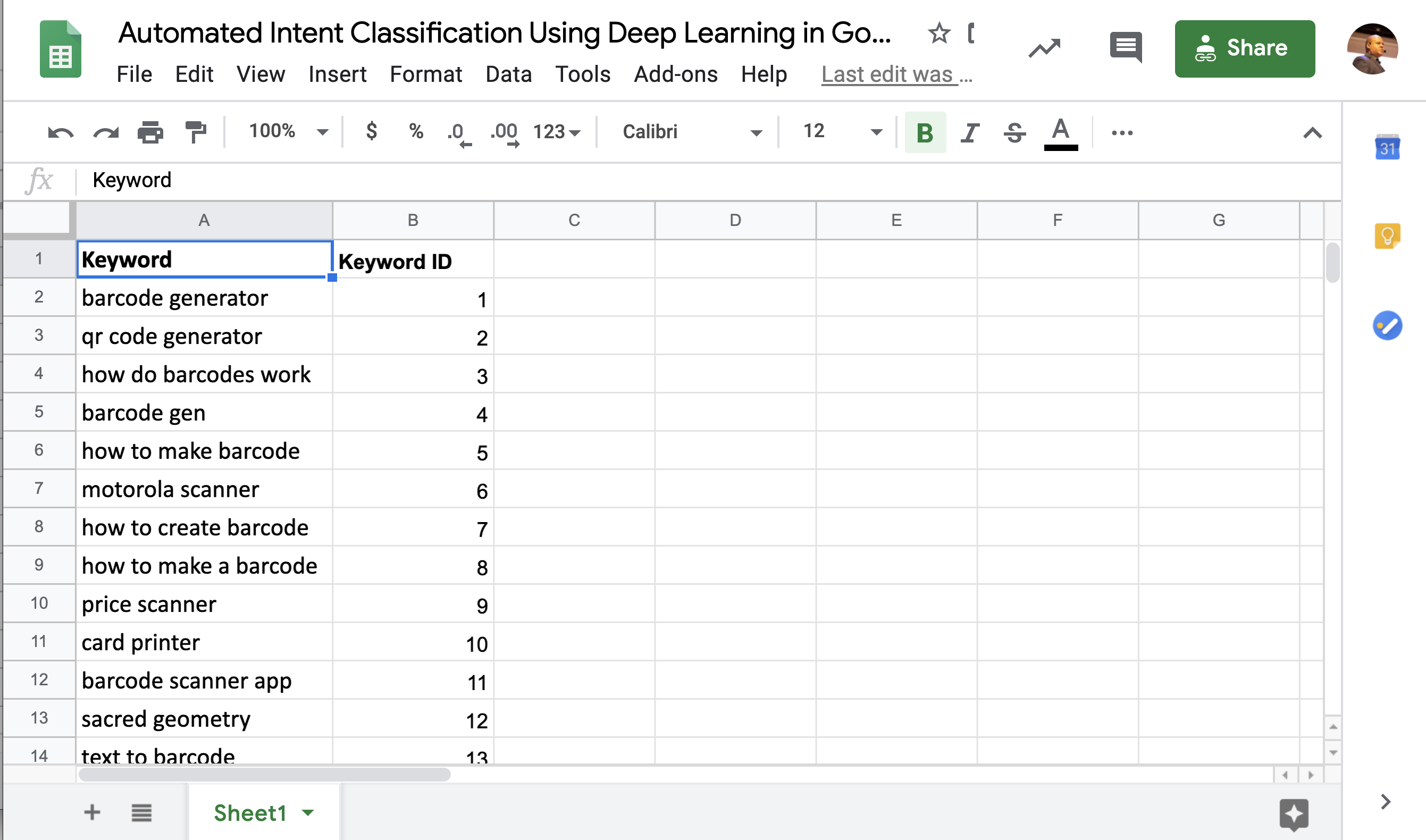 Automated Intent Classification Using Deep Learning in Google Sheets