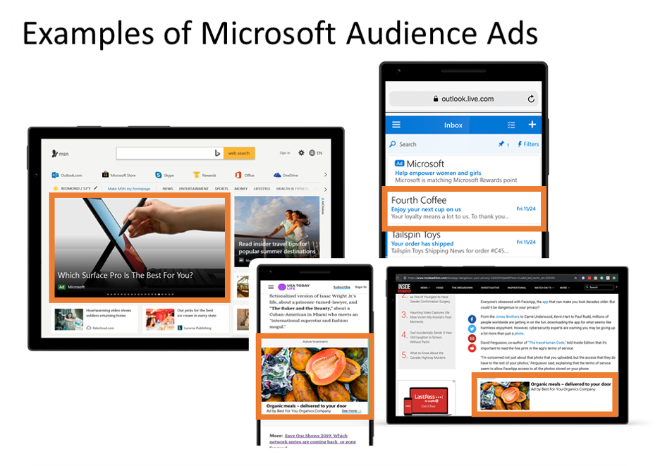 Visual examples of Microsoft Audience network placements for image ads, text ads, and product ads across the audience network.