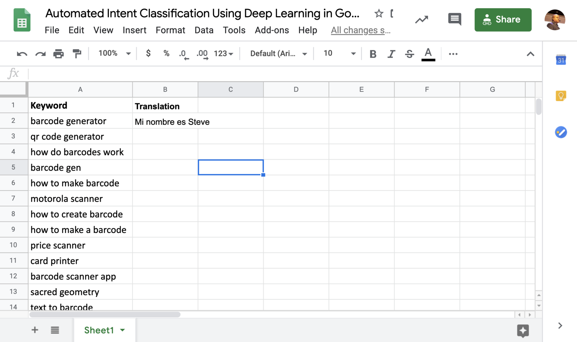 Automated Intent Classification Using Deep Learning in Google Sheets