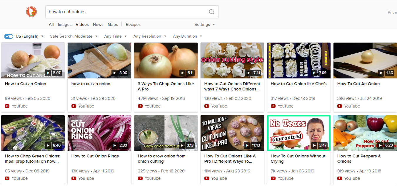 DuckDuckGo video search - how to cut onions