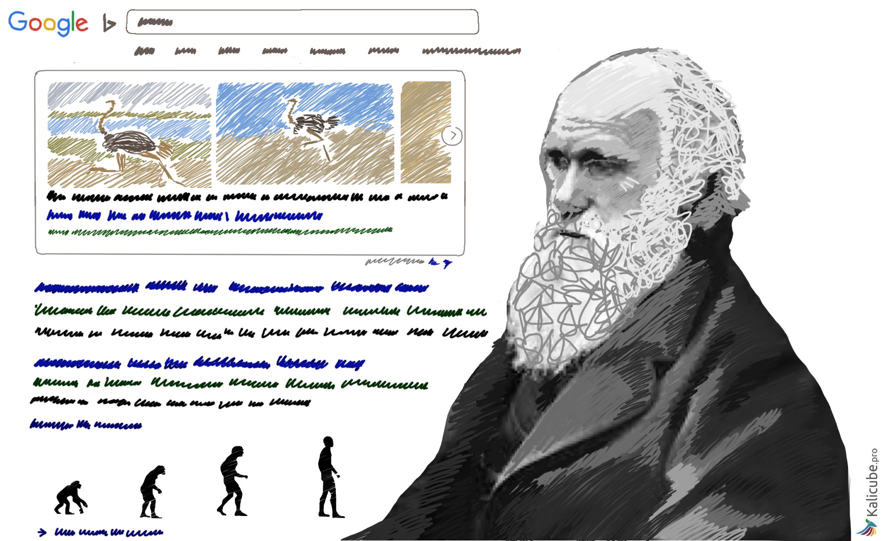 Charles Darwin looking at a SERP