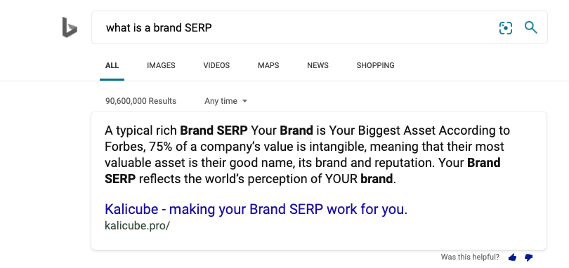 Q&A result on Bing - What is a Brand SERP?