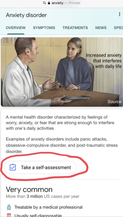 谷歌在搜索结果中添加了焦虑症自我评估