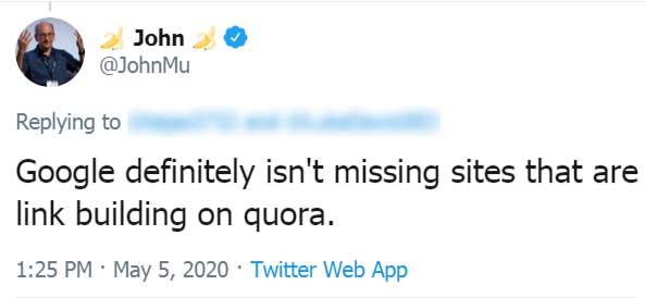 Google 的 John Mueller 关于 Quora Link Building 的推文截图
