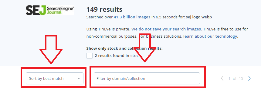 TinEye image search filters