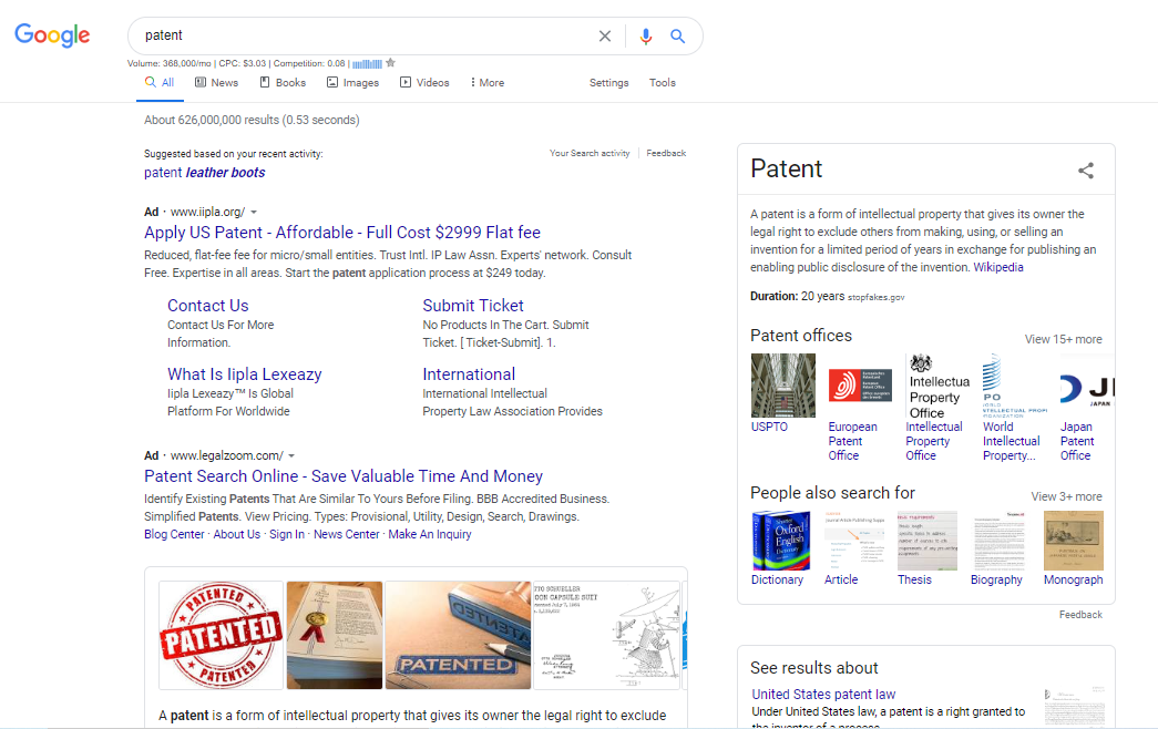 results for the google search, patent
