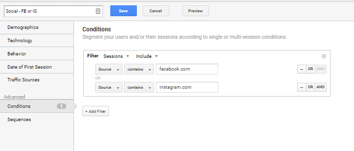 Facebook Or Instagram Custom Google Analytics Segment