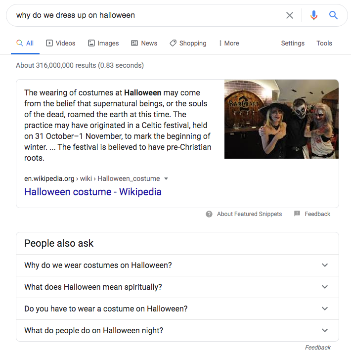 Halloween Google featured snippet people also ask