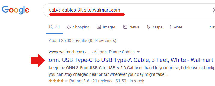 Screenshot of site search of Walmart