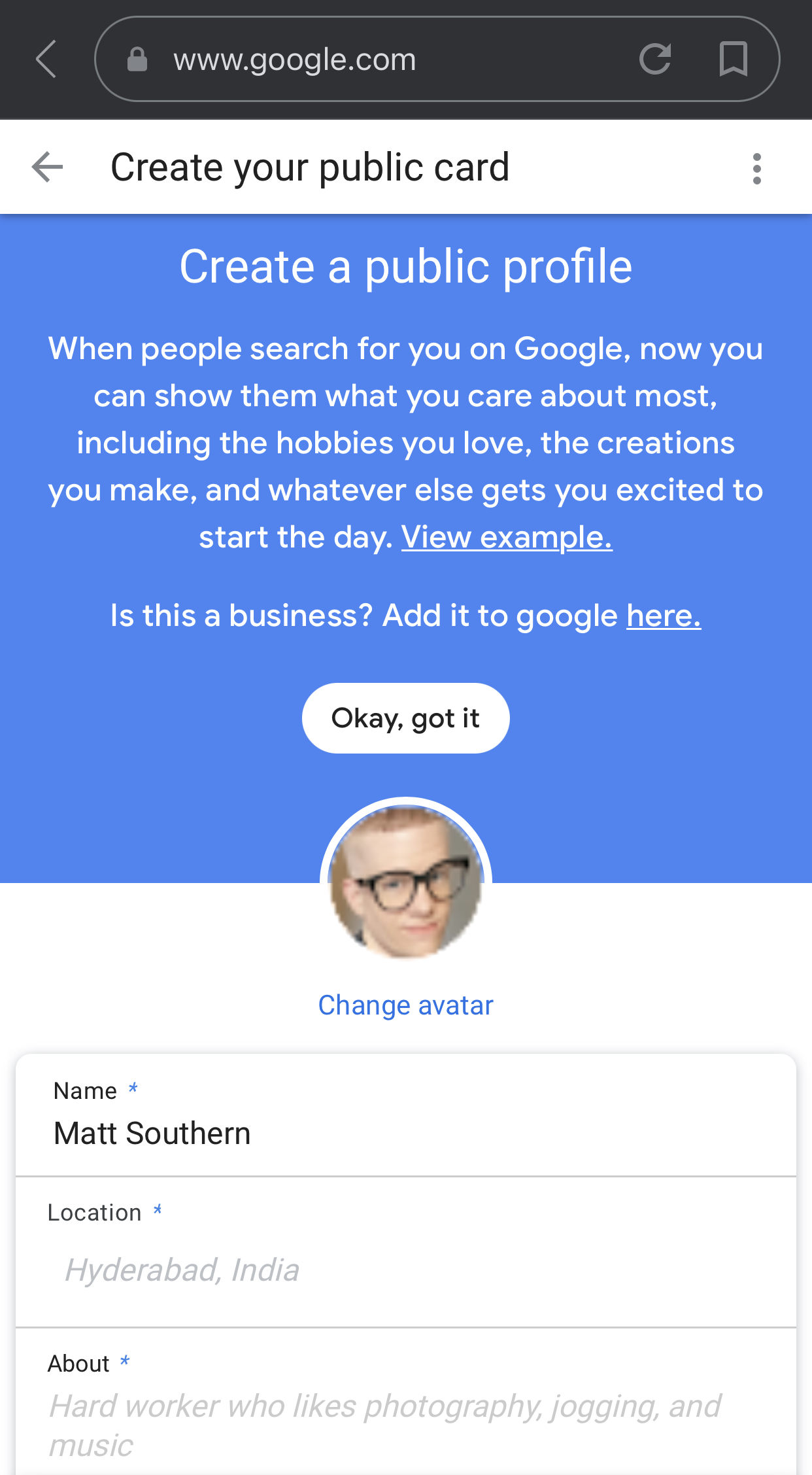 Step 2 of Creating a Google People Card.