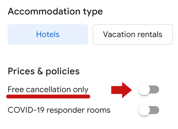 Screenshot of Google Travel's cancellation filter