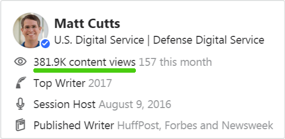 Captura de pantalla del perfil de Quora del ex Googler Matt Cutts que muestra más de 381,000 vistas de su contenido