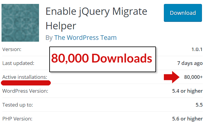 Capture d'écran de la page du plugin WordPress jQuery migrate montrant 80 000 téléchargements