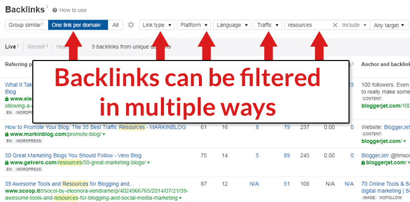 Screenshot of backlink filter options in Ahrefs Webmaster Tools