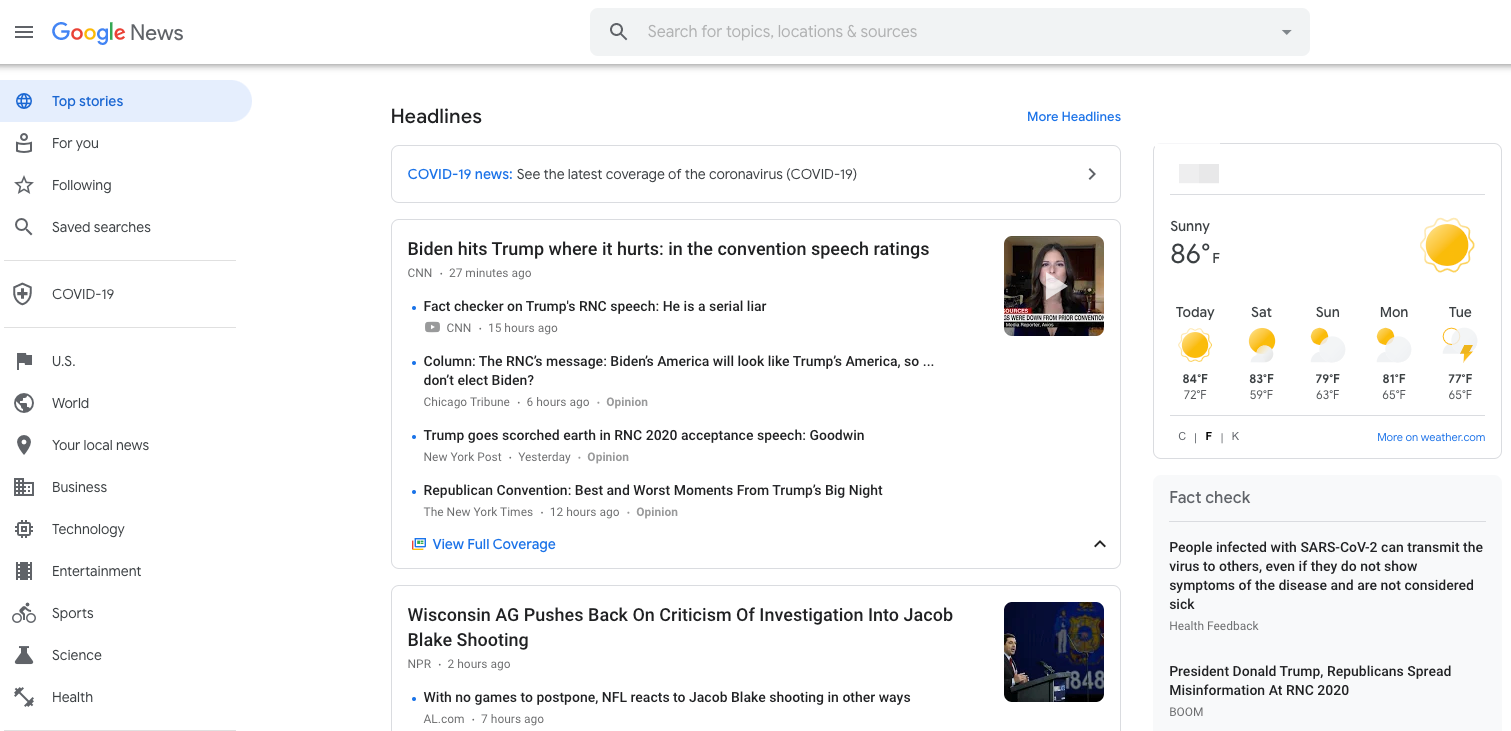Example of the Google News homescreen.