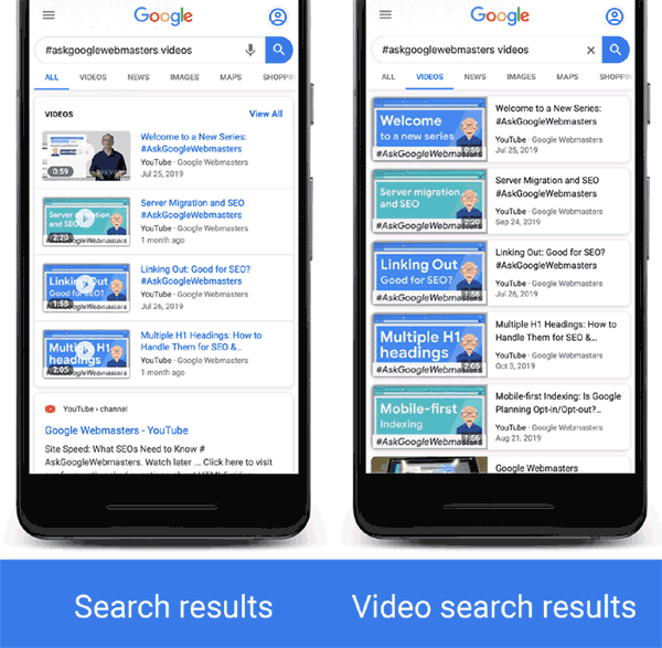 Google 搜索和 Google 视频搜索中的视频富媒体结果的屏幕截图