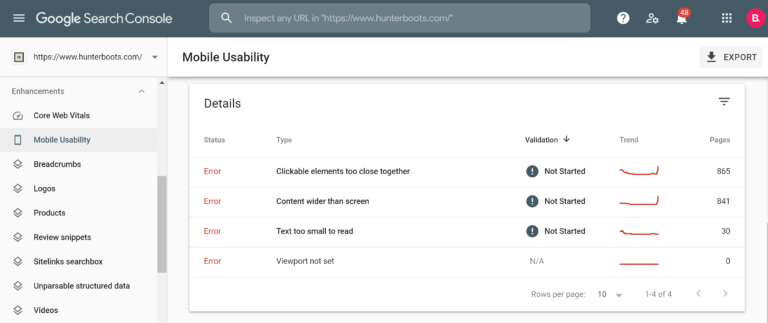 Google Search Console Mobile Usability report