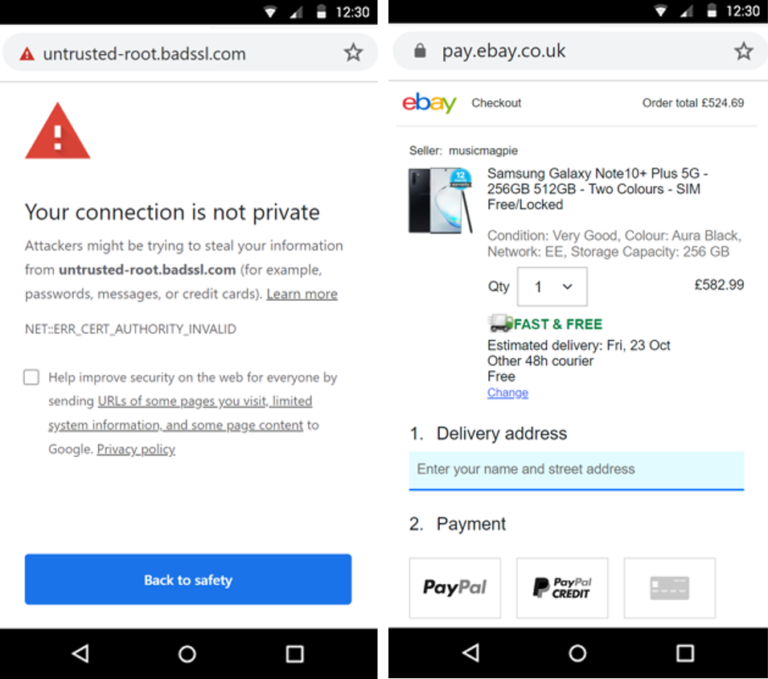An example of an unsecure connection on the left, next to a secure connection checkout page on the right