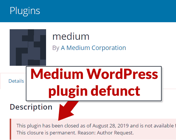 Captura de pantalla de la página del complemento de WordPress de Medium.com