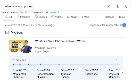 screenshot of nextiva youtube video showing up first spot of search engine results