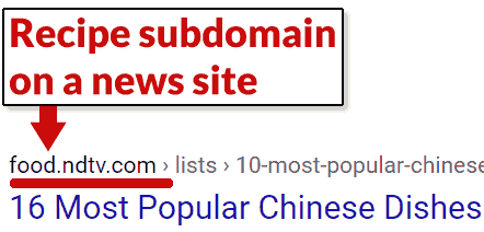 Screenshot of a news site hosting recipe content on a subdomain
