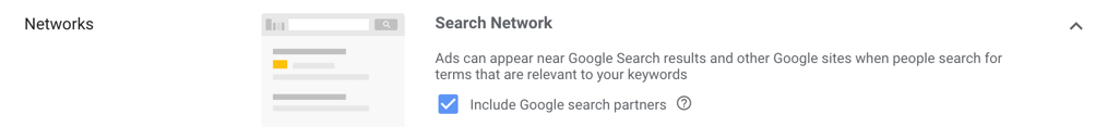 A new Search Campaign will have Google search partners selected by default.