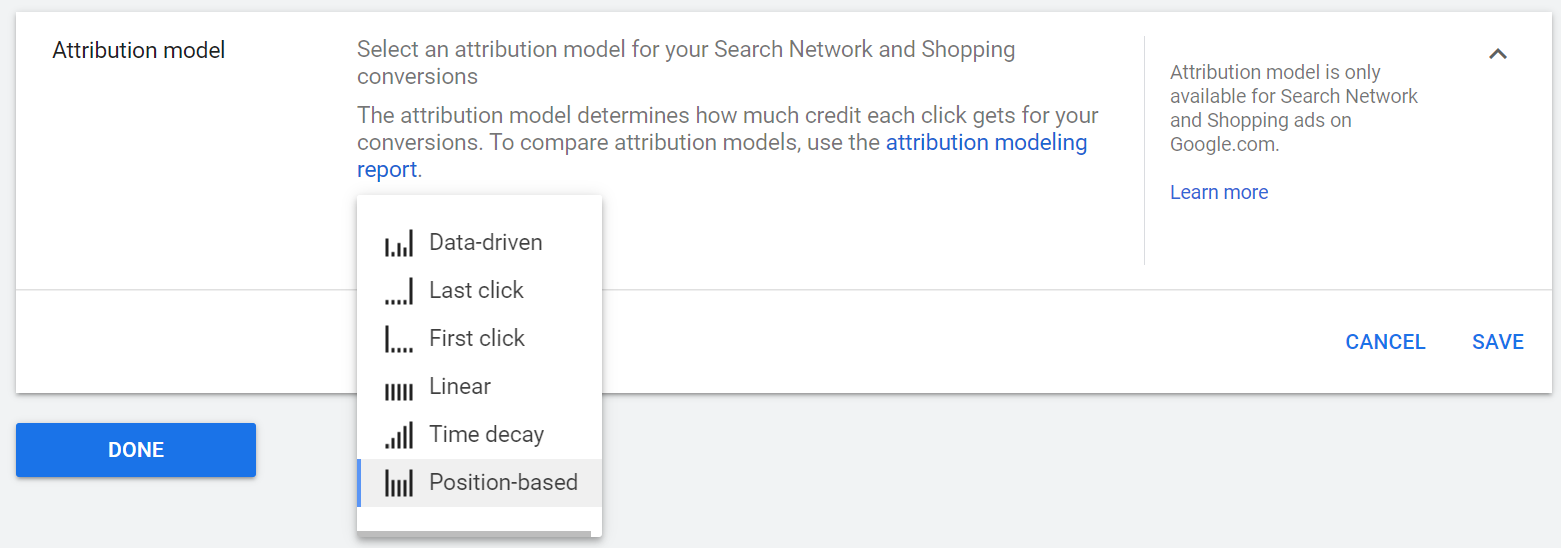 screen shot of attribution model options in a conversion action