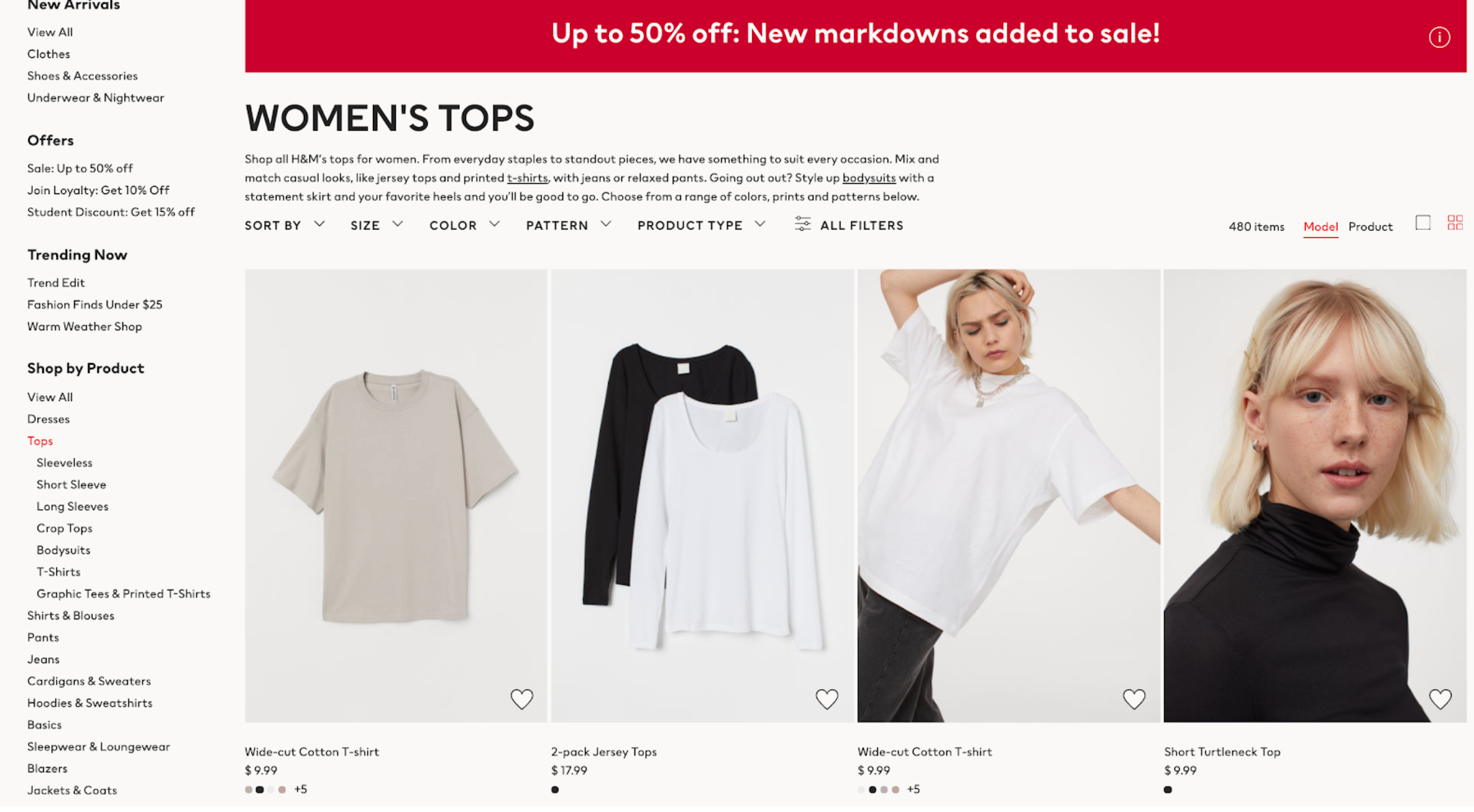 H&M Category Page for women's tops
