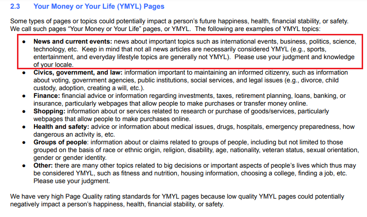 google search quality guidelines - news sites