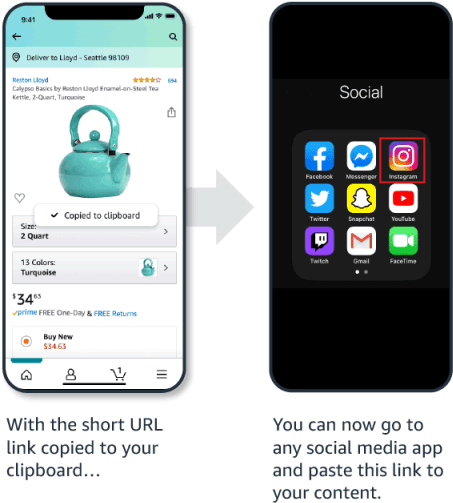 Screenshot showing mobile and messaging apps for Amazon GetLink sharing