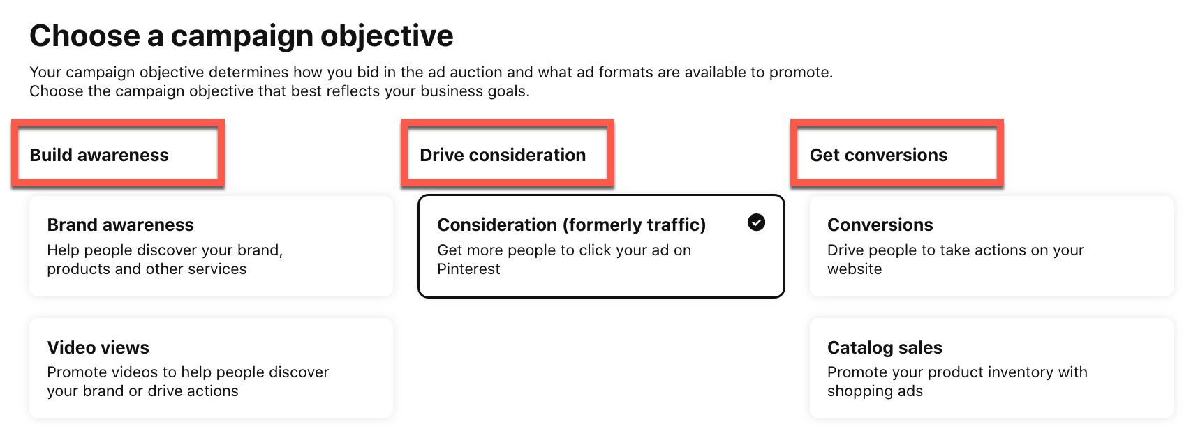 Choose your campaign objectives in Pinterest Ads