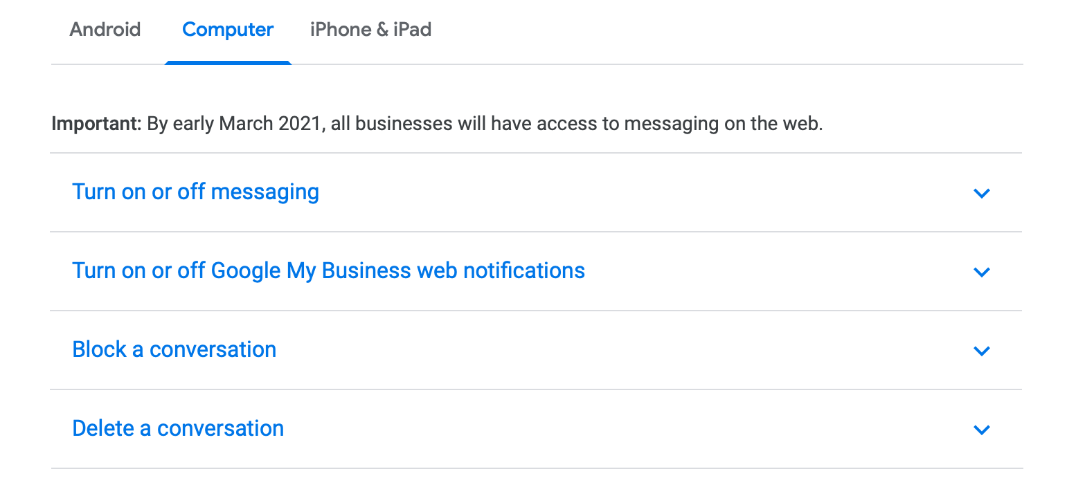 GMB business messaging on desktop