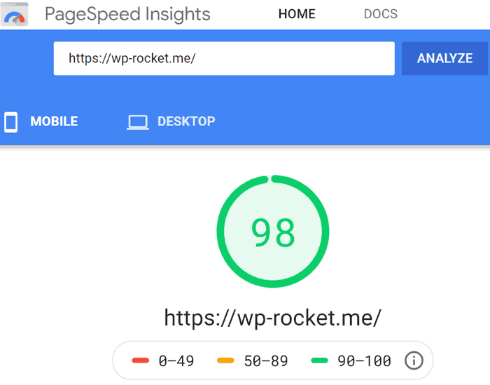 Captura de pantalla que muestra la puntuación de rendimiento de velocidad de página 98 sobre 100