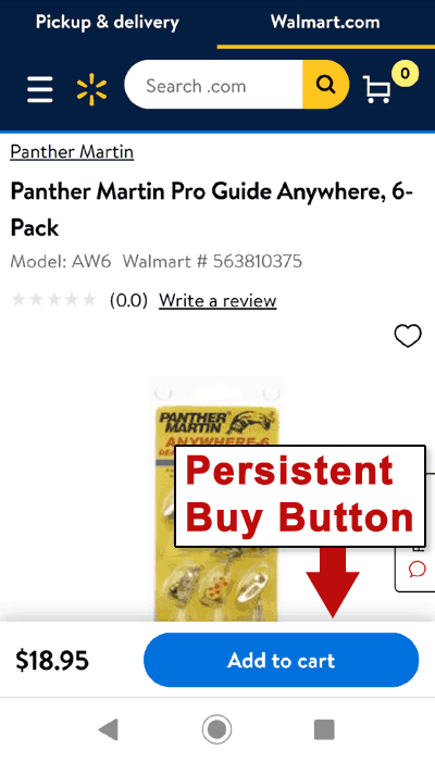 Captura de pantalla del botón de compra persistente de Walmart