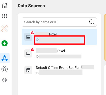 The Data Sources section with Pixel IDs under the names.