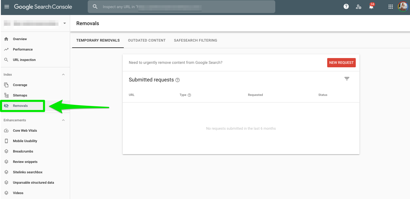 Google Search Console guide Removals section