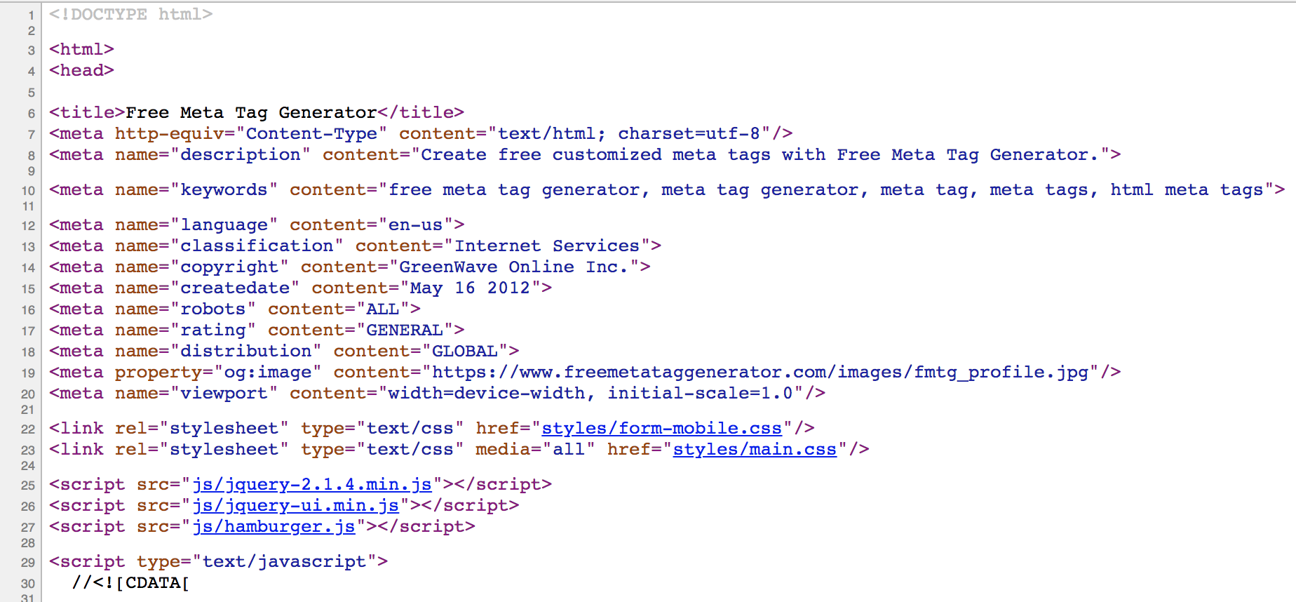 Head section of HTML pages with meta tags.