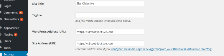 Paramètres WordPress pour le titre du site, le slogan et les adresses.