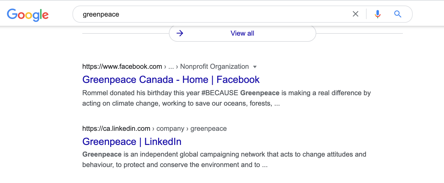 Greenpeace Facebook and LinkedIn search results.